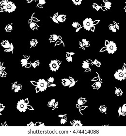 Tiny flowers seamless pattern, vector, black and white