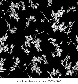 Tiny flowers seamless pattern, vector, black and white