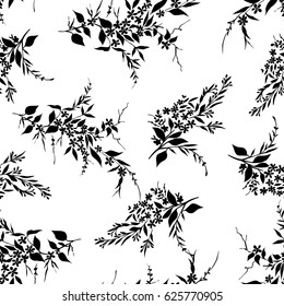 Tiny flowers seamless pattern, vector, black and white