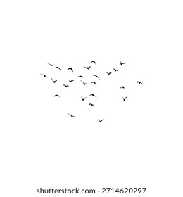 Silhueta minúscula de aves voadoras isolada sobre fundo branco representando simplicidade, tranquilidade, liberdade e conceitos mínimos de design natural