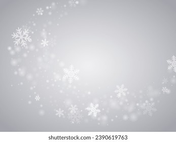 Tiny flying snowflakes background. Snowfall speck ice particles. Snowfall sky white gray composition. Bokeh snowflakes christmas texture. Snow cold season scenery.
