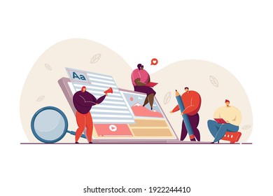 Tiny freelance blog writers creating marketing content on Internet. Authors using laptops, writing articles for business. Vector illustration for online advertising, SEO or influencer job concept