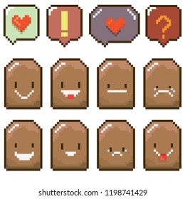tiny funky cartoon pixel art potatoes set isolated on white background. vector illustration kids potato with speech bubble 8 bit old game style. Game character collection