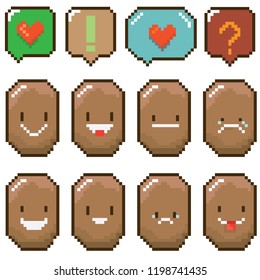tiny funky cartoon pixel art potatoes set isolated on white background. vector illustration kids potato with speech bubble 8 bit old game style. Game character collection