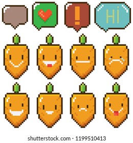 Pequeñas zanahorias para bebés con dibujos animados aisladas en fondo blanco. ilustración vectorial niños zanahoria con burbuja del habla estilo de juego de 8 bits. Colección de caracteres de juego
