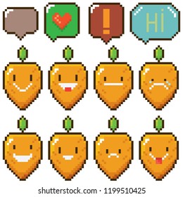 tiny funky cartoon pixel art baby carrots set isolated on white background. vector illustration kids carrot with speech bubble 8 bit old game style. Game character collection