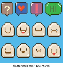 tiny funky cartoon pixel art eggs set isolated on blue background. vector illustration kids egg with speech bubble 8 bit old game style. Game egg character collection