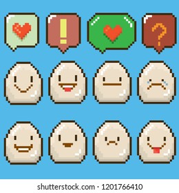 tiny funky cartoon pixel art eggs set isolated on blue background. vector illustration kids egg with speech bubble 8 bit old game style. Game egg character collection