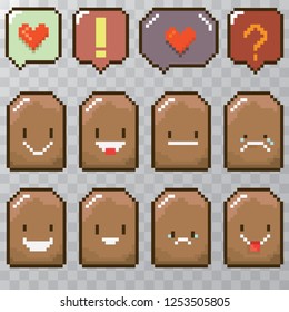tiny funky cartoon pixel art potatoes set isolated on transparent background. vector illustration kids potato with speech bubble 8 bit old game style. Game character collection
