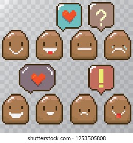 tiny funky cartoon pixel art potatoes set isolated on transparent background. vector illustration kids potato with speech bubble 8 bit old game style. Game character collection