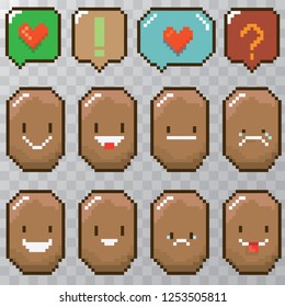 tiny funky cartoon pixel art potatoes set isolated on transparent background. vector illustration kids potato with speech bubble 8 bit old game style. Game character collection