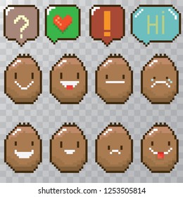 tiny funky cartoon pixel art potatoes set isolated on transparent background. vector illustration kids potato with speech bubble 8 bit old game style. Game character collection