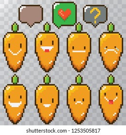 tiny funky cartoon pixel art baby carrots set isolated on transparent background. vector illustration kids carrot with speech bubble 8 bit old game style. Game character collection