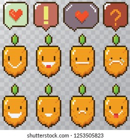 tiny funky cartoon pixel art baby carrots set isolated on transparent background. vector illustration kids carrot with speech bubble 8 bit old game style. Game character collection