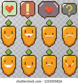 tiny funky cartoon pixel art baby carrots set isolated on transparent background. vector illustration kids carrot with speech bubble 8 bit old game style. Game character collection