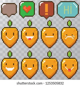 tiny funky cartoon pixel art baby carrots set isolated on transparent background. vector illustration kids carrot with speech bubble 8 bit old game style. Game character collection