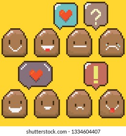 tiny funky cartoon pixel art potatoes set isolated on orange background. vector illustration kids potato with speech bubble 8 bit old game style. Game character collection 