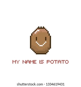 tiny funky cartoon pixel art potato isolated on white background. My name is potato funky print for t shirt