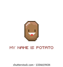 tiny funky cartoon pixel art potato isolated on white background. My name is potato funky print for t shirt