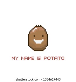 tiny funky cartoon pixel art potato isolated on white background. My name is potato funky print for t shirt