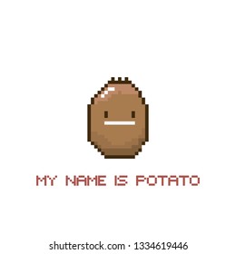 tiny funky cartoon pixel art potato isolated on white background. My name is potato funky print for t shirt