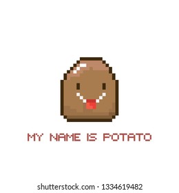 tiny funky cartoon pixel art potato isolated on white background. My name is potato funky print for t shirt
