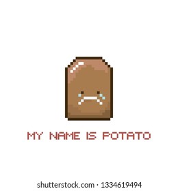 tiny funky cartoon pixel art potato isolated on white background. My name is potato funky print for t shirt