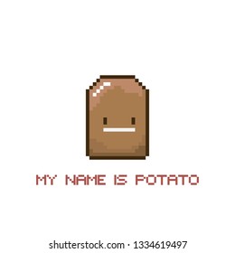 tiny funky cartoon pixel art potato isolated on white background. My name is potato funky print for t shirt