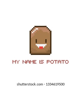 tiny funky cartoon pixel art potato isolated on white background. My name is potato funky print for t shirt