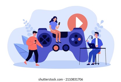 Tiny Gamers Playing Online Games. People Gaming With Console, Smartphone Or Laptop Flat Vector Illustration. Cross Platform, Gamification Concept For Banner, Website Design Or Landing Web Page