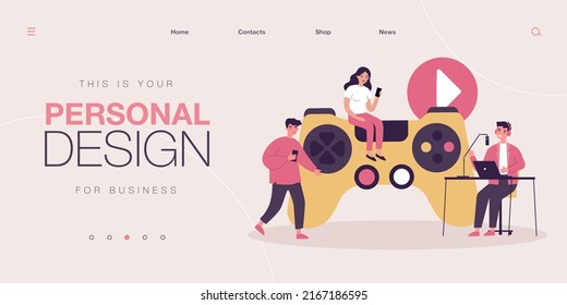 Tiny Gamers Playing Online Games. People Gaming With Console, Smartphone Or Laptop Flat Vector Illustration. Cross Platform, Gamification Concept For Banner, Website Design Or Landing Web Page