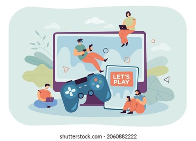 Tiny Gamers Playing In Video Multiplayer Games Online. People Gaming, Using Vr Headset Device, Tablet And Phone, Laptop Flat Vector Illustration. Virtual Reality, Cross Platform, Entertainment Concept