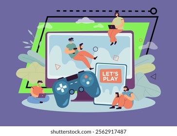 Tiny gamers playing in video multiplayer games online. People gaming, using vr headset device, tablet and phone, laptop flat vector illustration. Virtual reality, cross platform, entertainment concept