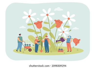 Pequeños jardineros plantando y regando flores en primavera. Caracteres cultivando plantas en la ilustración vectorial plana del jardín. Jardinería, primavera, concepto de naturaleza para banner o página web de aterrizaje