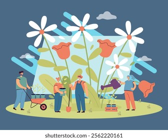 Tiny gardeners planting and watering flowers during springtime. Characters growing plants in garden flat vector illustration. Gardening, spring, nature concept for banner or landing web page