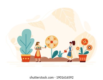 Tiny gardering people grow plants. Workers doing farming work. Planting new flowers in pots. Vector illustration