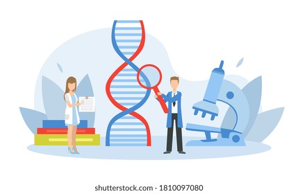 Tiny Genetics Changing DNA Structure, Scientists Characters Conducting Scientifical Genome Experiment in Laboratory, Genetic Engineering Vector Illustration