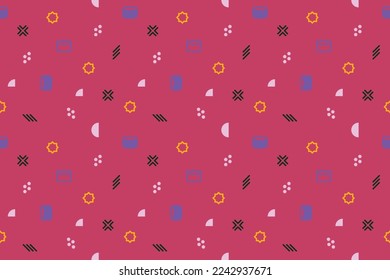 Tiny geometric pattern in Memphis style. Small vector texture with dots, circles, triangles, short strokes, in pink color. 90s fashion seamless background. Vector illustration