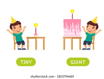 TINY and GIANT antonyms word card vector template. Flashcard for english language learning. Opposites concept. Сhild is happy with the big cake, the boy was given a cupcake for birthday