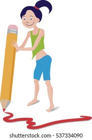 A tiny girl with a big pencil drawing