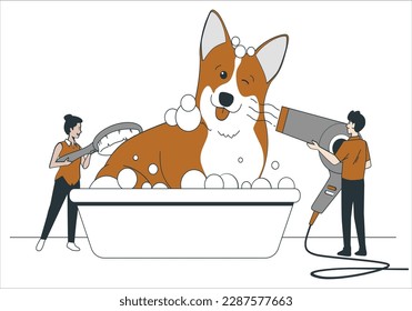 tiny girl and tiny boy standing on the floor washing a happy dog in foam bath. Pet care concept. Vector flat illustration. Cartoon colorful style. All elements are isolated.