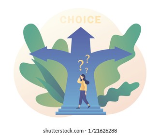 Tiny girl choosing of way. Make your choice. Metaphor alternatives or opportunities, life dilemma, decision making. Modern flat cartoon style. Vector illustration on white background