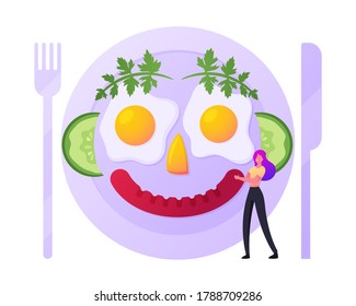 Tiny Girl Cook Food, Fun Breakfast Concept. Tiny Female Character Cooking Funny Meal Look Like Smiling Human Face made of Fried Eggs, Sausage and Vegetable on Plate. Cartoon Vector Illustration