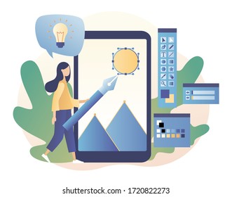 Tiny girl designer, illustrator or vector artist drawing with pen in graphic editor. Graphic design studio. Designer tools. Modern flat cartoon style. Vector illustration on white background