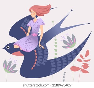 A tiny girl flying on a swallow. Thumbelina. Vector illustration

