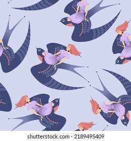 A tiny girl flying on a swallow. Thumbelina.  Seamless background pattern. Vector illustration


