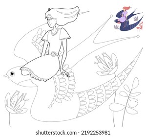 A tiny girl flying on a swallow.  Сoloring page. Vector illustration

