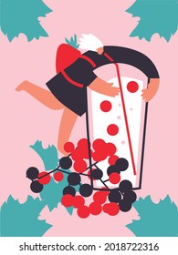 Tiny girl and a glass of lemonade. Cartoon flat vector illustration.  Healthy eating, cooking vegetarian food and dieting concept. People and berries, summer harvest. Summer time. 