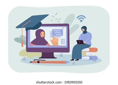 Tiny girl in hijab studying in Islamic school online. Female character with laptop watching lecture flat vector illustration. Online education concept for banner, website design or landing web page