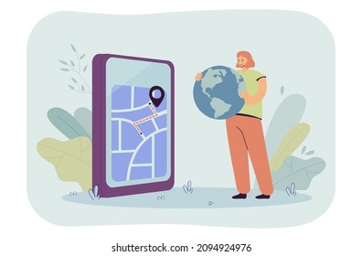 Tiny girl holding globe in front of smartphone with map on display. Woman choosing route to reach destination via app flat vector illustration. GPS concept for banner, website design, landing web page